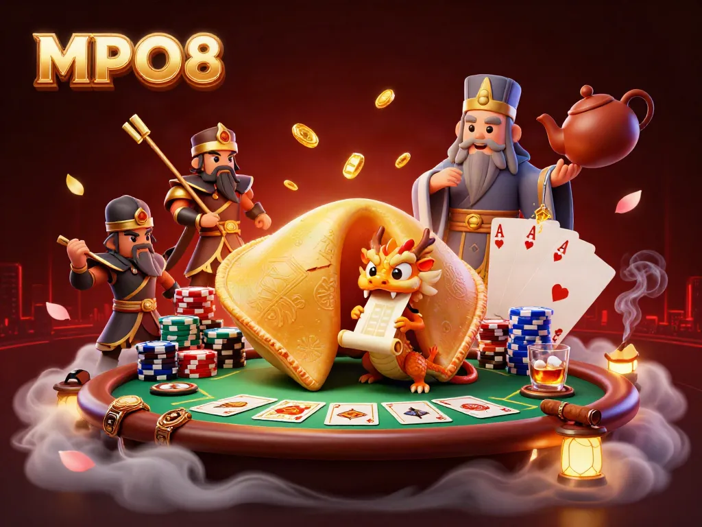 Experience the thrills of MPO08 with a visually stunning illustration showcasing dynamic casino elements and characters.