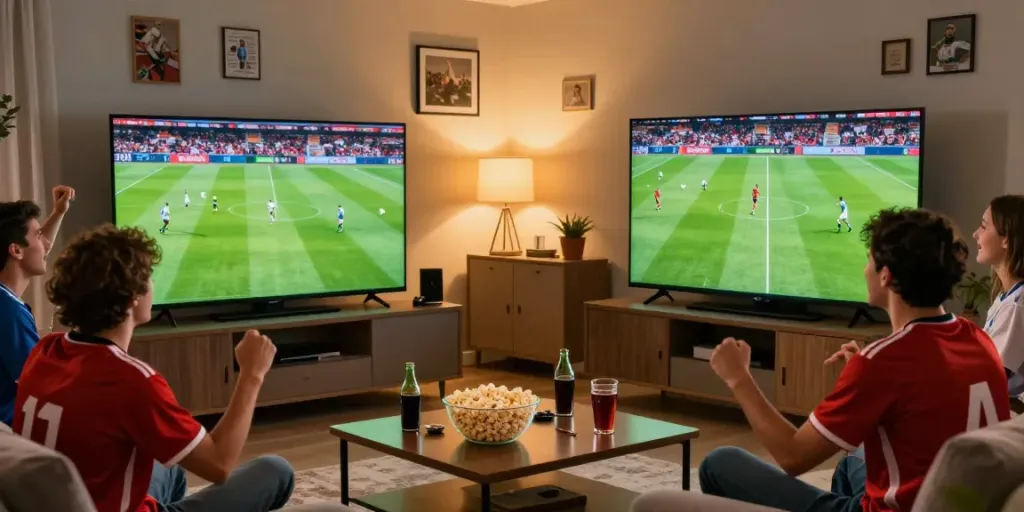 Excited friends watching a live match on https://cakhiatv.team/ in a cozy living room.