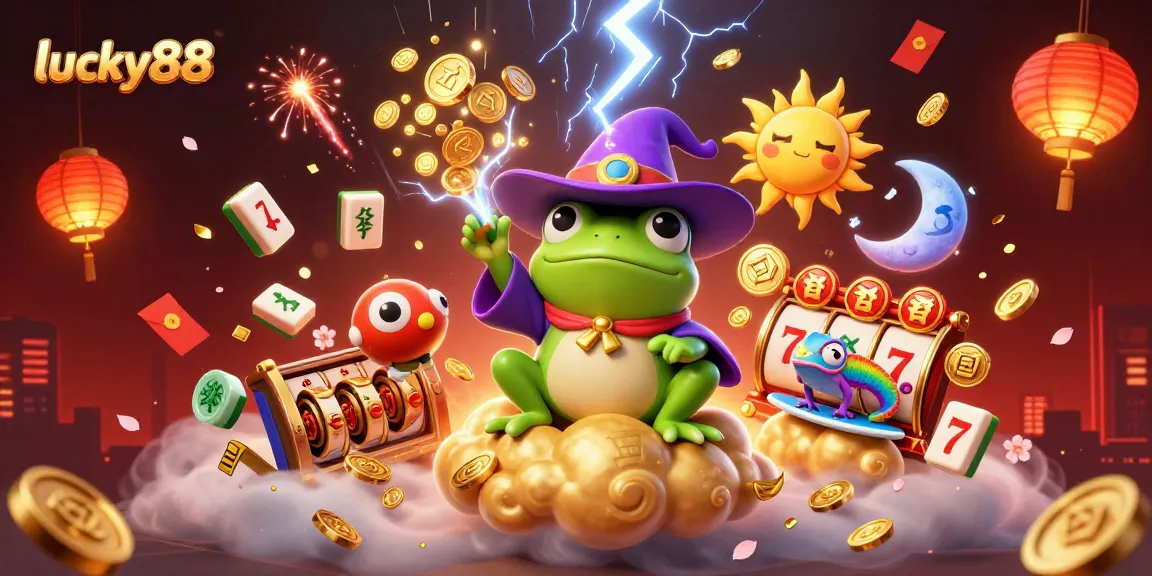Lucky88 slot game experience featuring a magical scene of a weather wizard and chameleon creating wins.