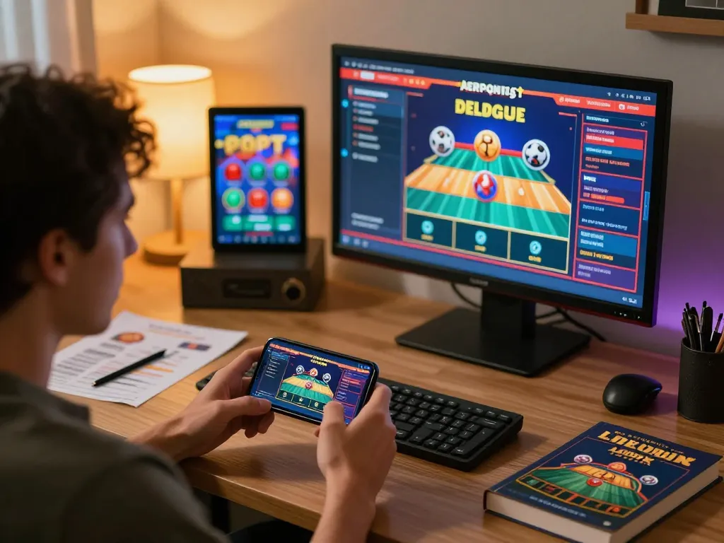 A player strategizing on C168 app for live betting while surrounded by gambling literature and tech