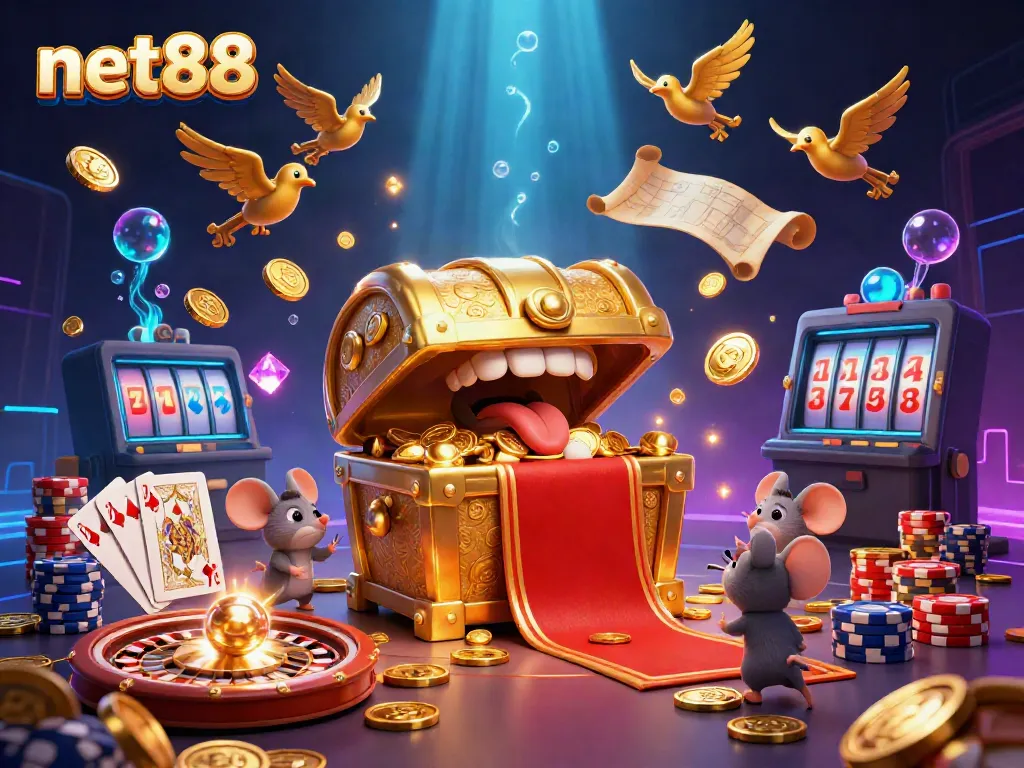 Experience the thrill of winning with net88's playful treasures and vibrant casino elements.
