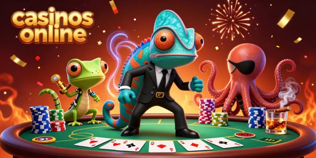 Disfruta de juegos en casinos online con una emocionante escena de un agente camaleón y sus amigos.