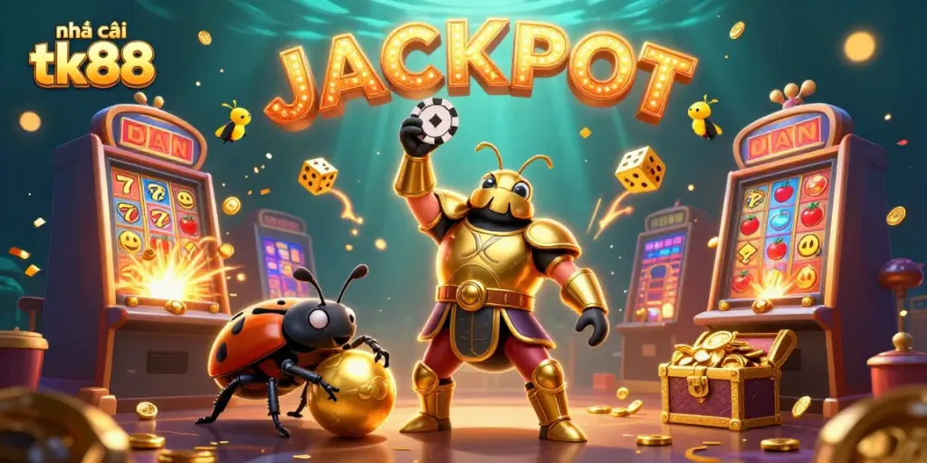 Join the excitement at Nhà cái tk88 with a victorious beetle lifting a poker chip amidst dazzling casino symbols.