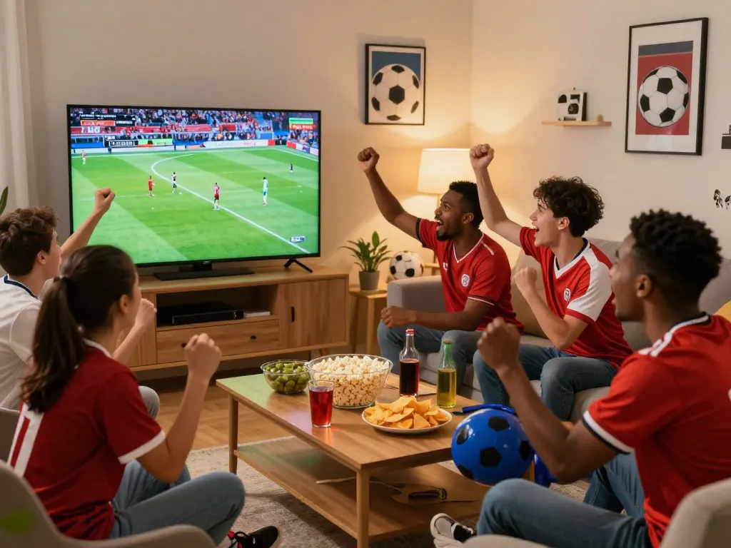 Excited fans enjoying a live football match on https://luongson117.tv/ in vibrant atmosphere with snacks and drinks.