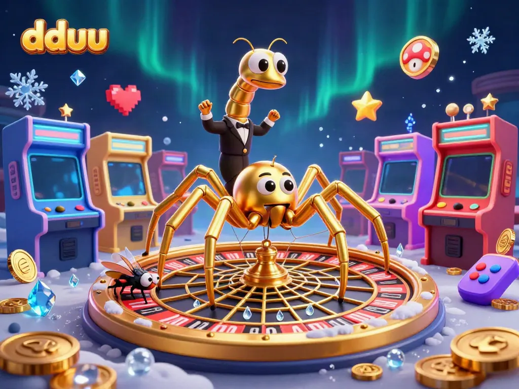 Experience the excitement of dduu's casino with a dynamic scene featuring a golden spider and lively casino elements.