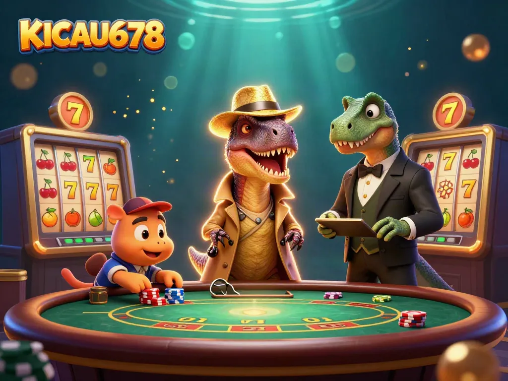 KICAU678 showcases a velociraptor at a blackjack table, surrounded by dynamic slot elements.