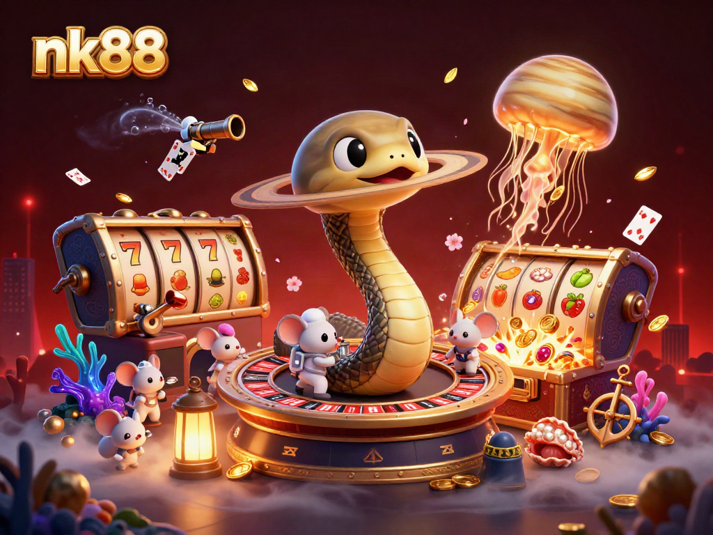 Engage in thrilling bets at nk88 with a cosmic casino scene featuring a roulette planet and playful astronaut mice.
