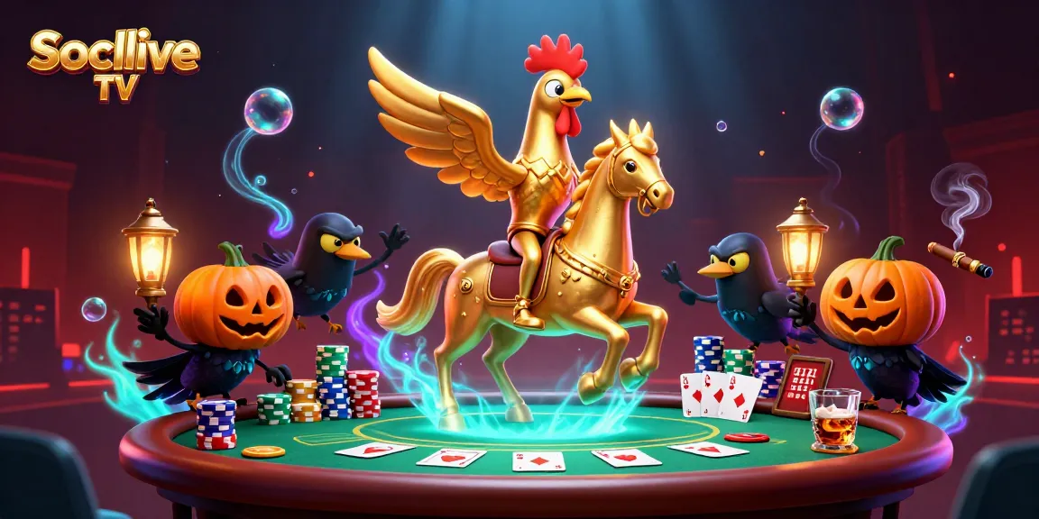 Socolive TV showcases a golden rooster headless horseman amid vibrant casino elements, elevating online excitement.