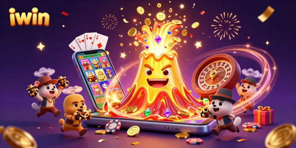 Play at iwin with a vibrant 3D casino scene featuring gold coins, slot games, and triumphing characters.