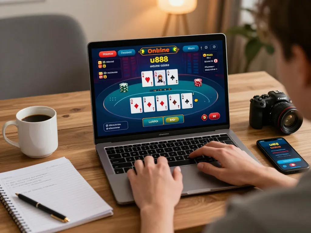 Engaging u888 online casino gaming experience via laptop in a cozy home setup with strategic notes