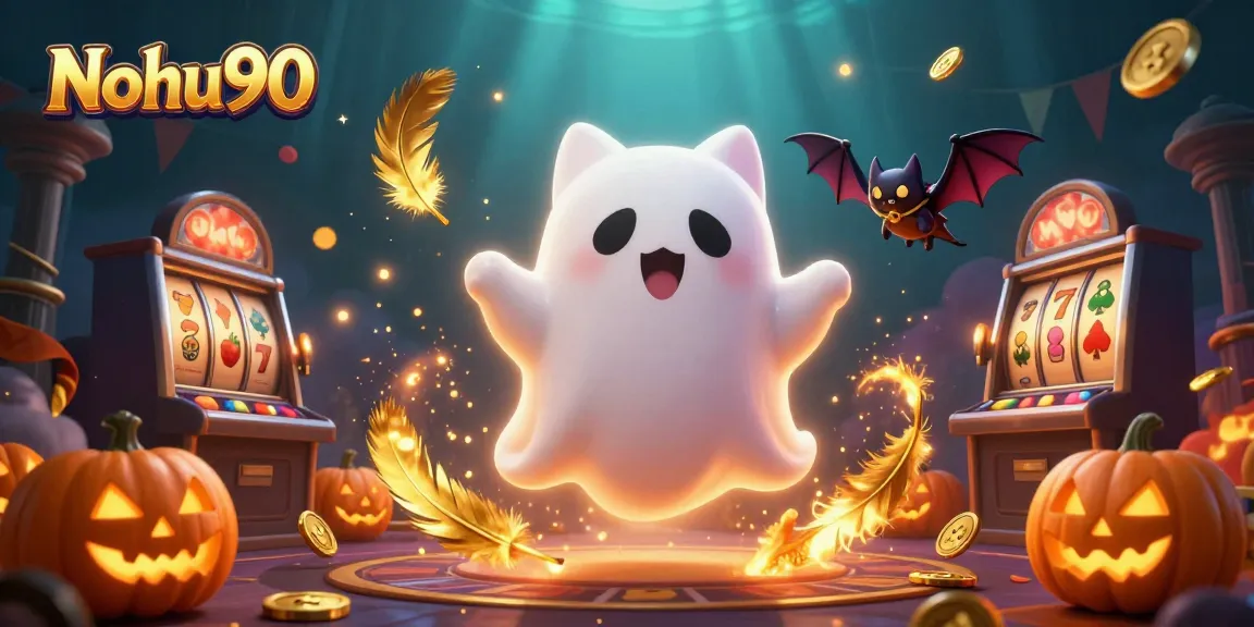 Nohu90 captures thrilling moments with a ghost cat and vampire bat in an exciting haunted casino.