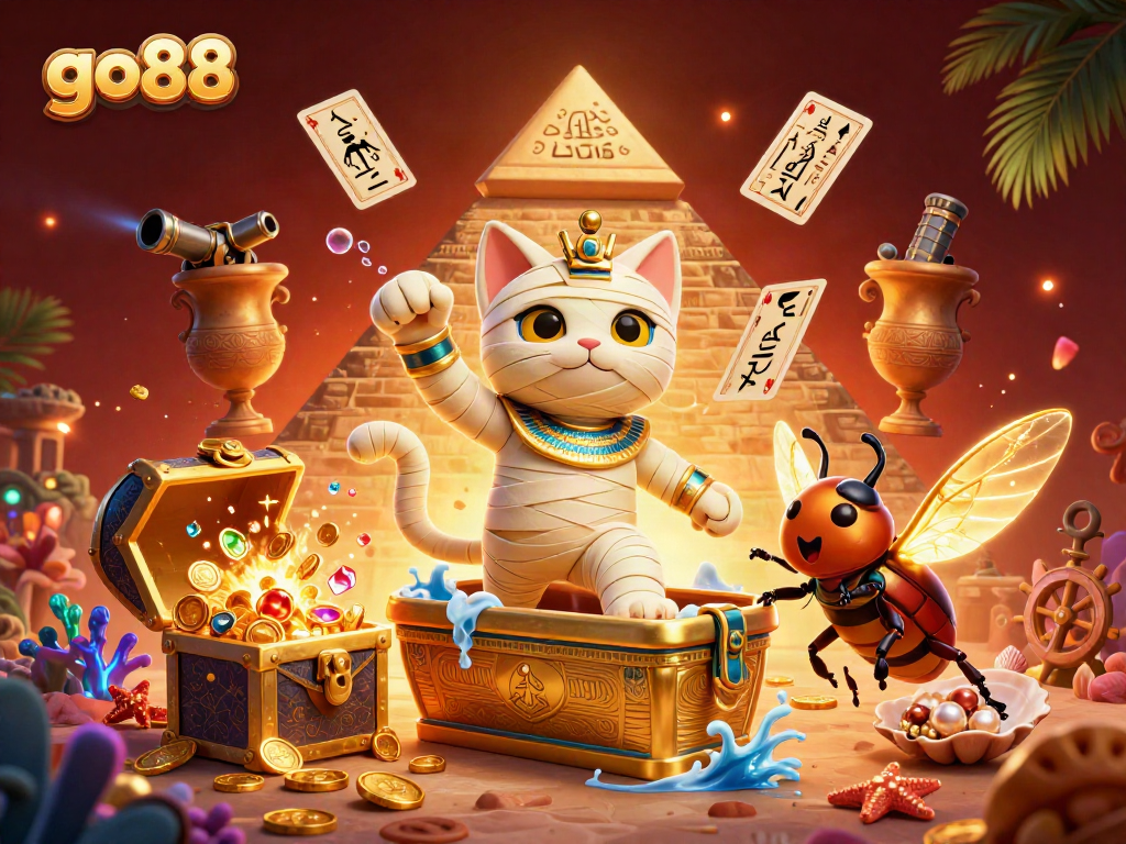 Join the excitement of go88 with a vibrant 3D illustration showcasing thrilling casino games and Egyptian themes.