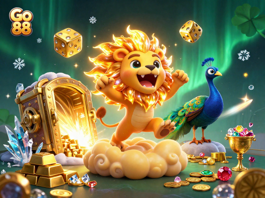 Engage with Go 88 in this vibrant 3D casino scene showcasing winning thrills and rich treasures.