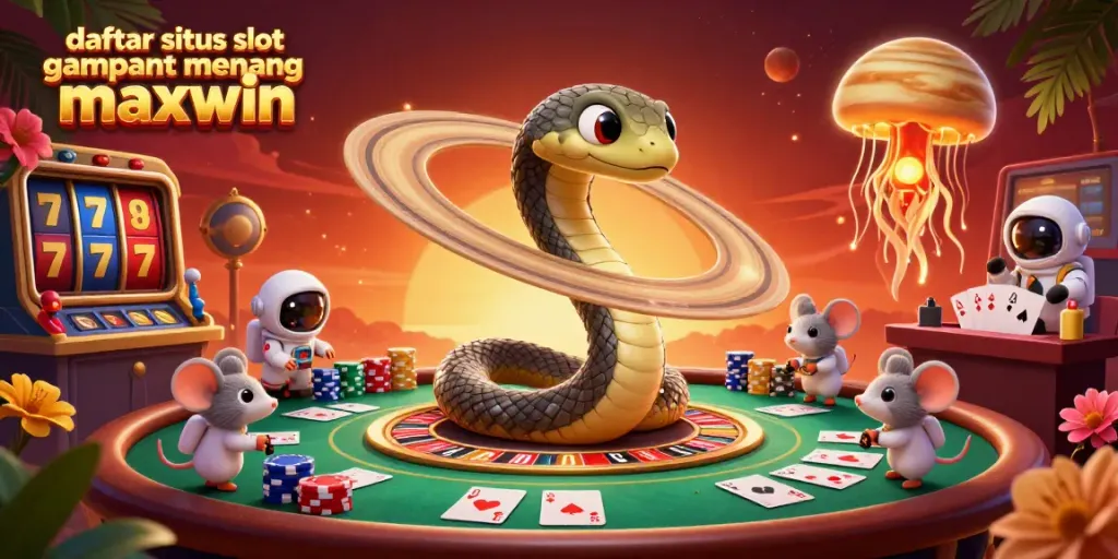 Temukan situs slot gampang menang maxwin dengan ilustrasi 3D menarik yang menampilkan slot, poker, dan karakter unik.