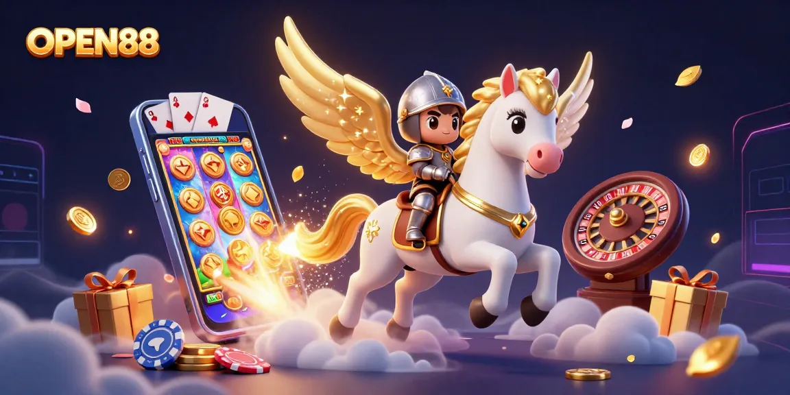 Experience the thrill of OPEN88 with a celestial scene of gaming excitement, featuring the dynamic celestial horse and casino elements.
