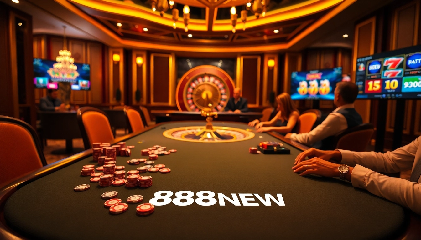 Exciting poker game at 888NEW casino with vibrant chips and roulette wheel.