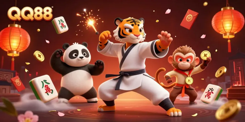 Engage with QQ88's thrilling casino atmosphere featuring a kung fu tiger and playful elements.