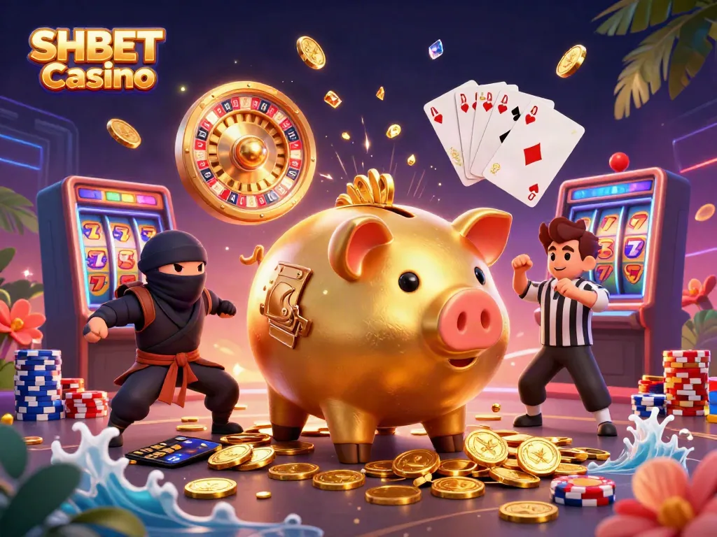 Experience exciting gameplay with the SHBET Casino's dynamic piggy bank sumo wrestler in an action-packed scene.