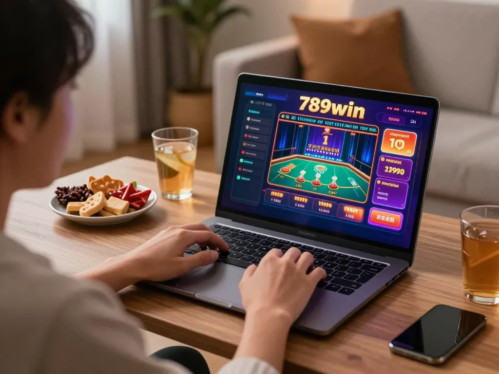 Person enjoying 789win online casino game on a modern laptop with vibrant interface.