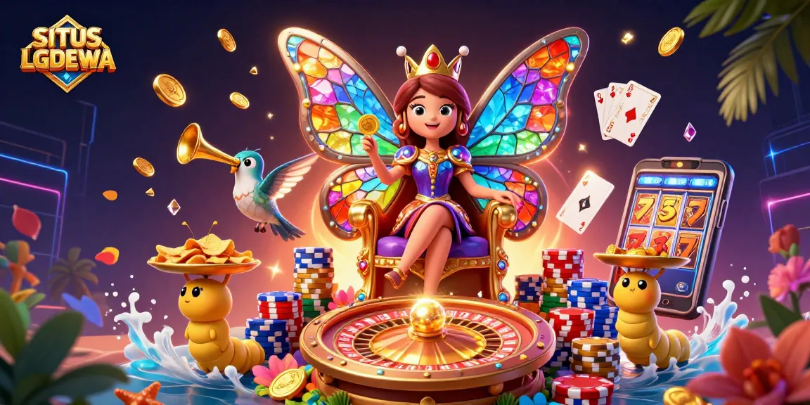 SITUS LGODEWA showcases a vibrant casino scene with a butterfly queen and dynamic game elements.