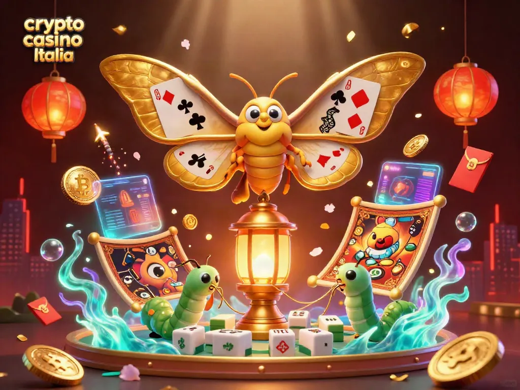 Gioca a un crypto casino Italia con Bitcoin ed Ethereum in un'illustrazione vivace che mostra simboli dorati e lanterne cinesi.