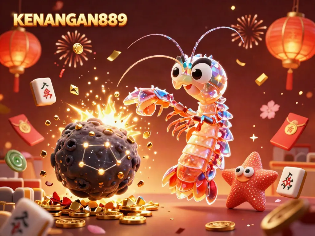 Experience the excitement of KENANGAN889 with a galactic samurai mantis shrimp in a vibrant casino scene filled with gaming elements.
