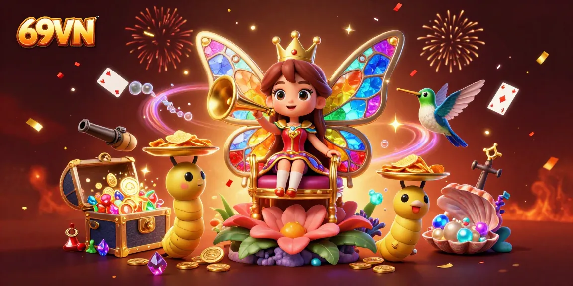 Experience thrilling wins at 69VN with a vibrant casino-themed digital illustration showcasing enchanting characters and rich gaming elements.