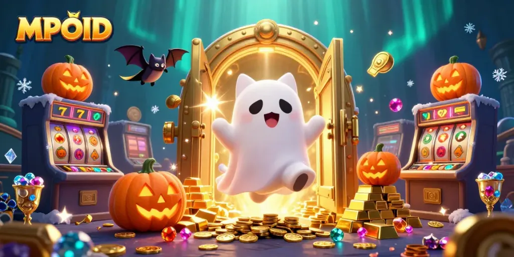 MPOID showcases a ghost cat and vampire bat in a vibrant casino, surrounded by treasure and excitement.