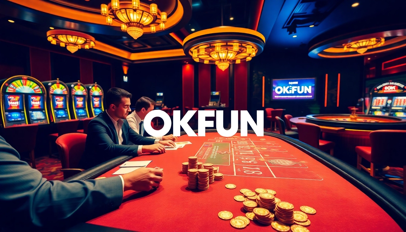 Players enjoying a thrilling poker game at OKFUN's luxurious casino table.