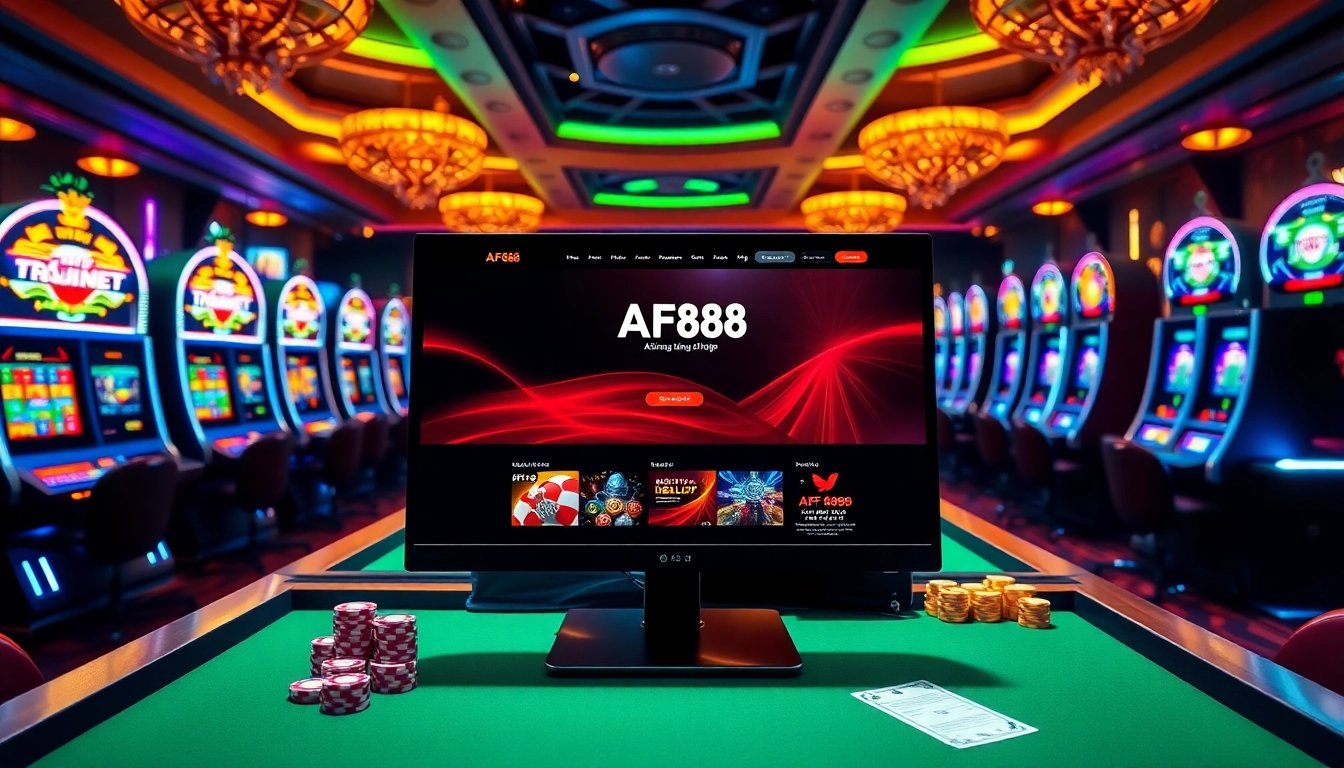 Experience AF88 đăng nhập with a thrilling casino ambiance featuring vibrant tables and slot machines.