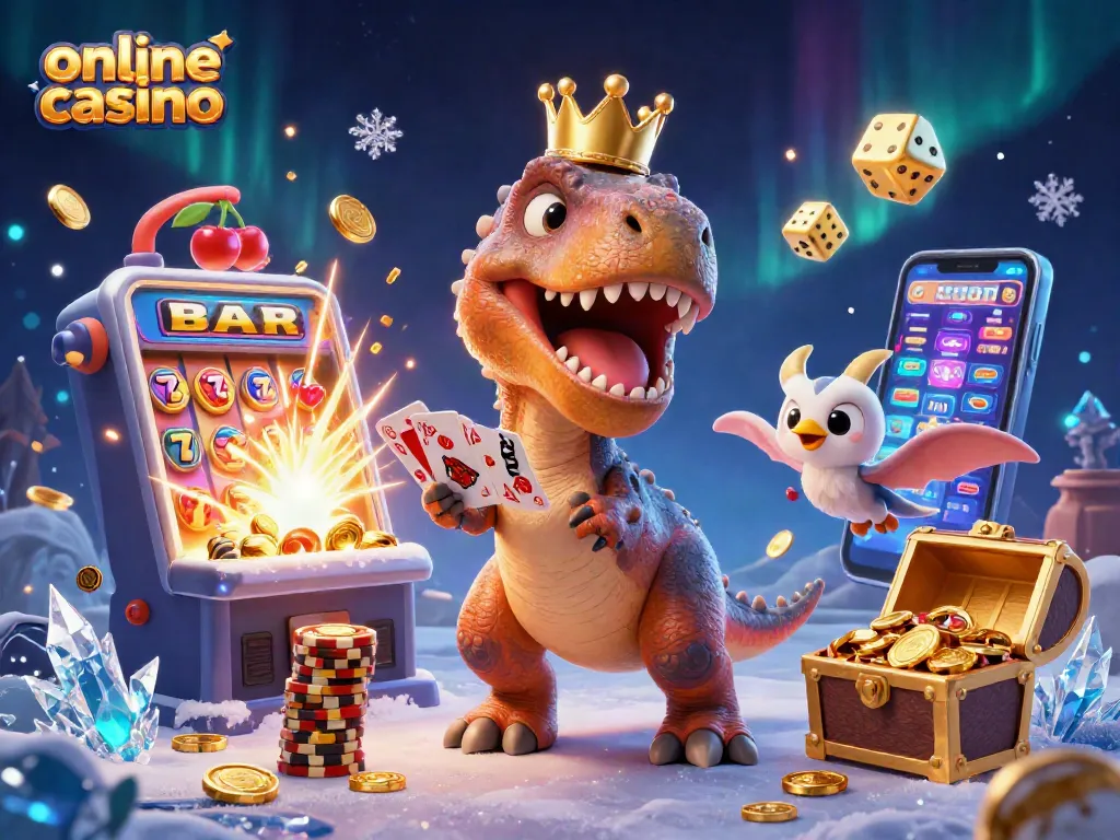 Juega en un casino en línea con un T-Rex repartiendo cartas y un triceratops apilando fichas doradas.