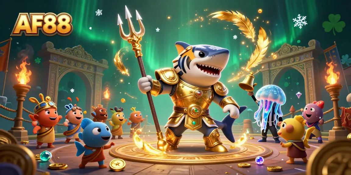 Engaging illustration of AF88, showcasing a tiger shark in gladiator armor in an underwater casino arena.
