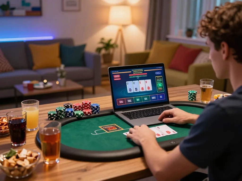 Engaging in online poker at home with dh88 com, showing a cozy gaming atmosphere and excitement.