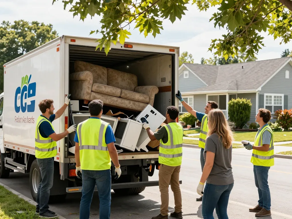 JUNK REMOVAL SERVICES in action with a dedicated team loading a truck outside a home.
