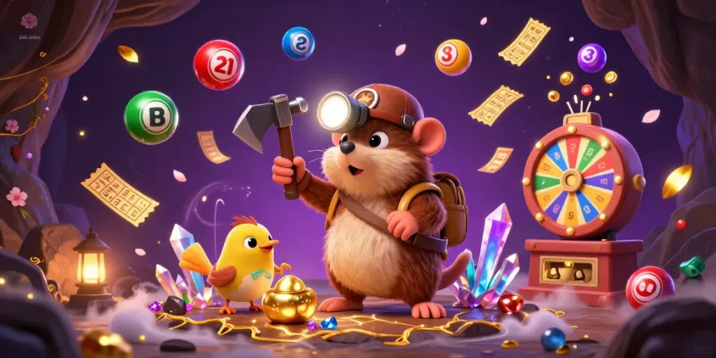 Explore vibrant slot online elements with a treasure hunter mole and canary in a sparkling cave.