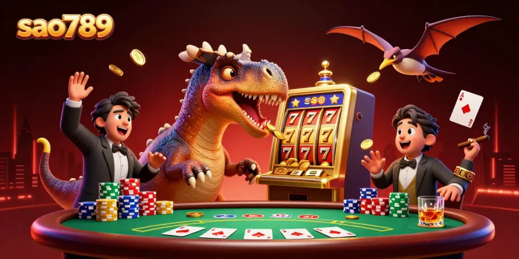 Experience the thrilling sao789 jackpot with cartoon dinosaurs interacting in a vibrant casino setting.