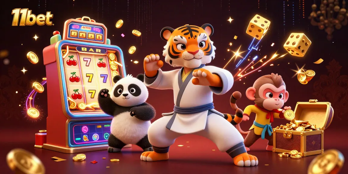 Engage with thrilling 11bet gameplay featuring a kung fu tiger master and vibrant slot action.