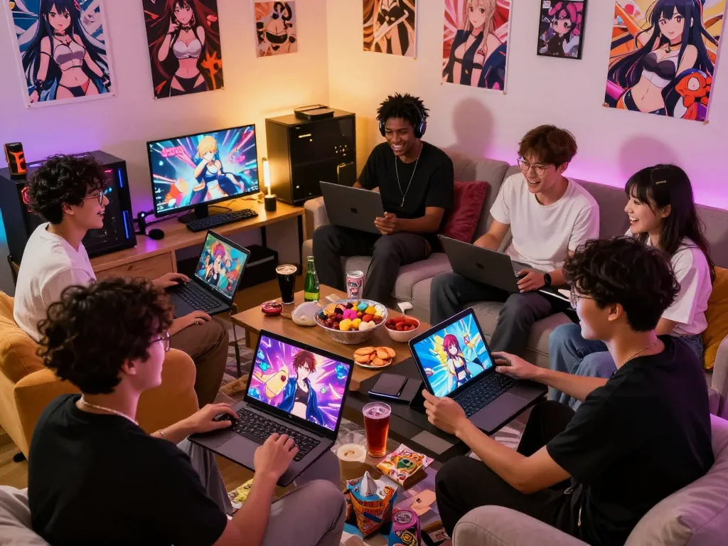 Exciting group gaming session with friends playing a hentai game on various devices, showcasing vibrant character visuals and relaxing atmosphere