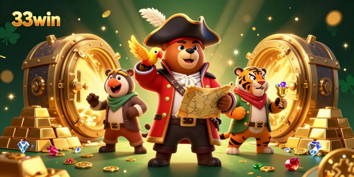 Play slots and win big at 33win casino, featuring animated characters and treasure.