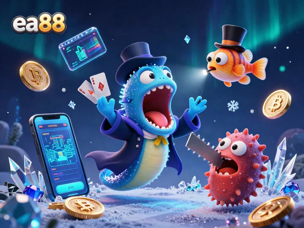 ea88 tham gia vào một màn ảo thuật với cá sâu đại dương, đồng tiền Bitcoin và Ethereum rực rỡ.