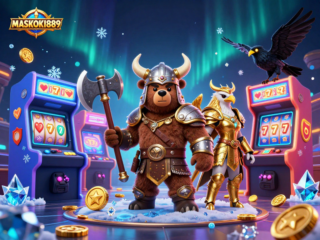 Join the action at MASKOKI889 with a vibrant cartoon scene featuring a Viking bear and casino elements.