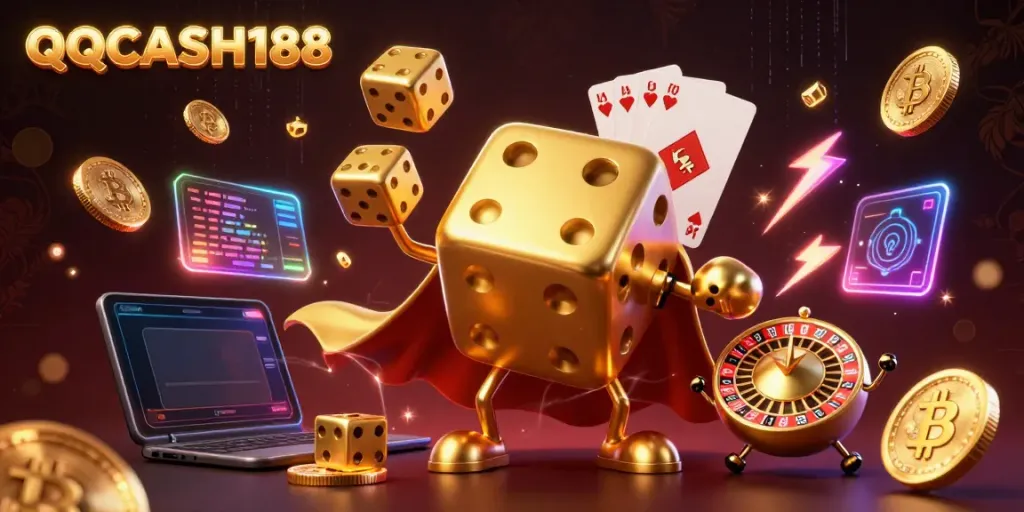 Experience the excitement of QQCASH188 with a dynamic casino-themed illustration featuring animated characters and vibrant game elements.