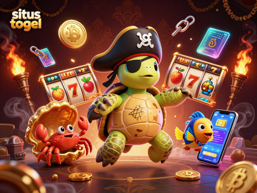 Experience thrilling slots with situs togel, featuring pirate turtle and vibrant casino elements.