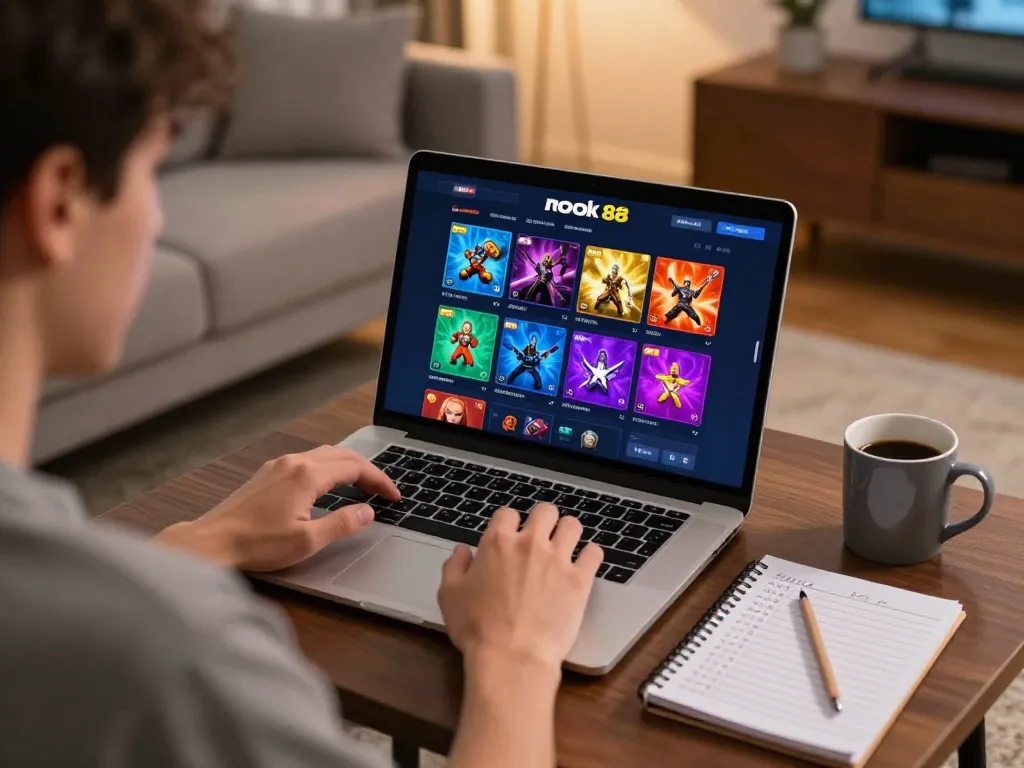 Engaging with rokok 88 platform on a laptop, showing vibrant gaming options in a cozy setting