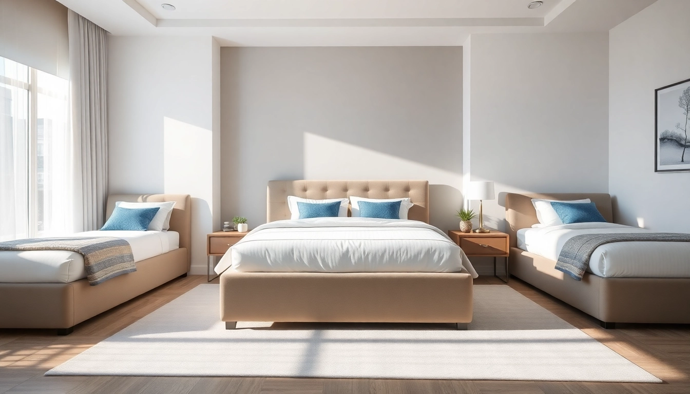 Showcase of bed sizes including king, queen, and twin in an elegantly designed bedroom.