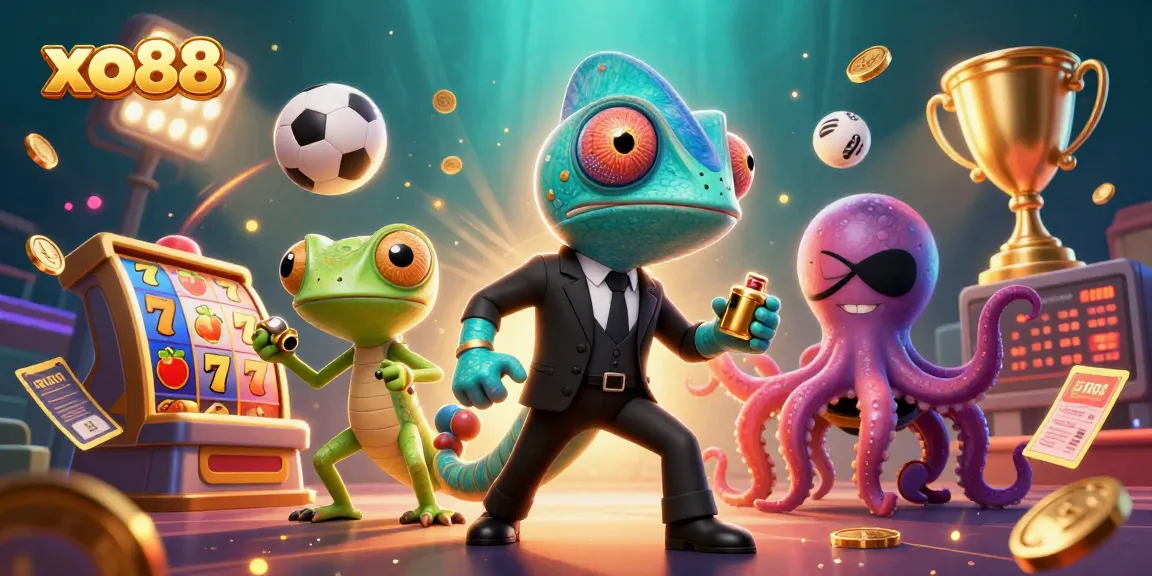 Experience the thrilling world of xo88 with vibrant slot reels and dynamic casino action in this engaging 3D illustration.