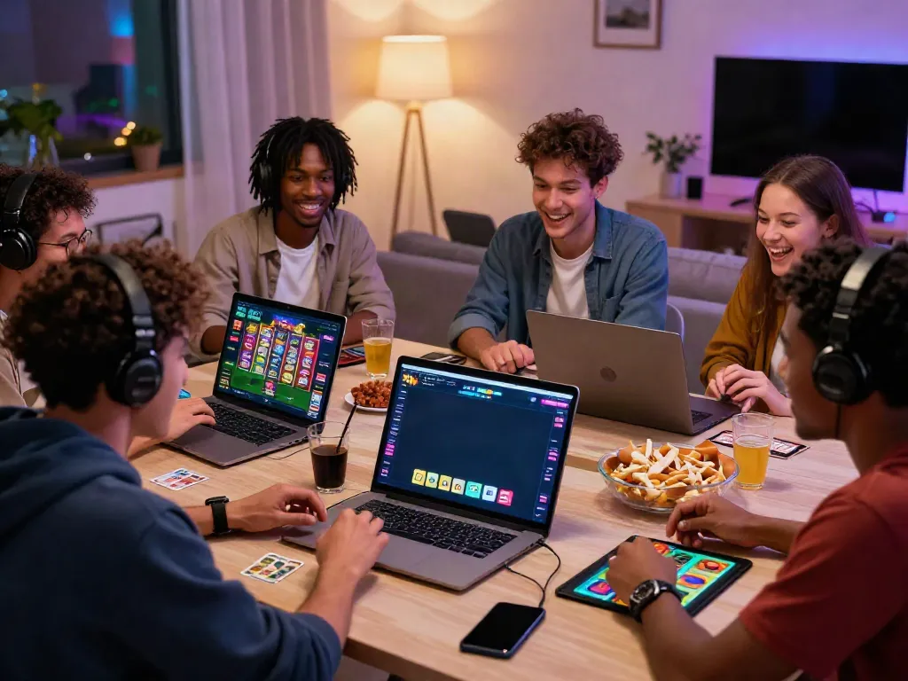 Friends engaging in gaming on the Hitclub platform in a lively living room.