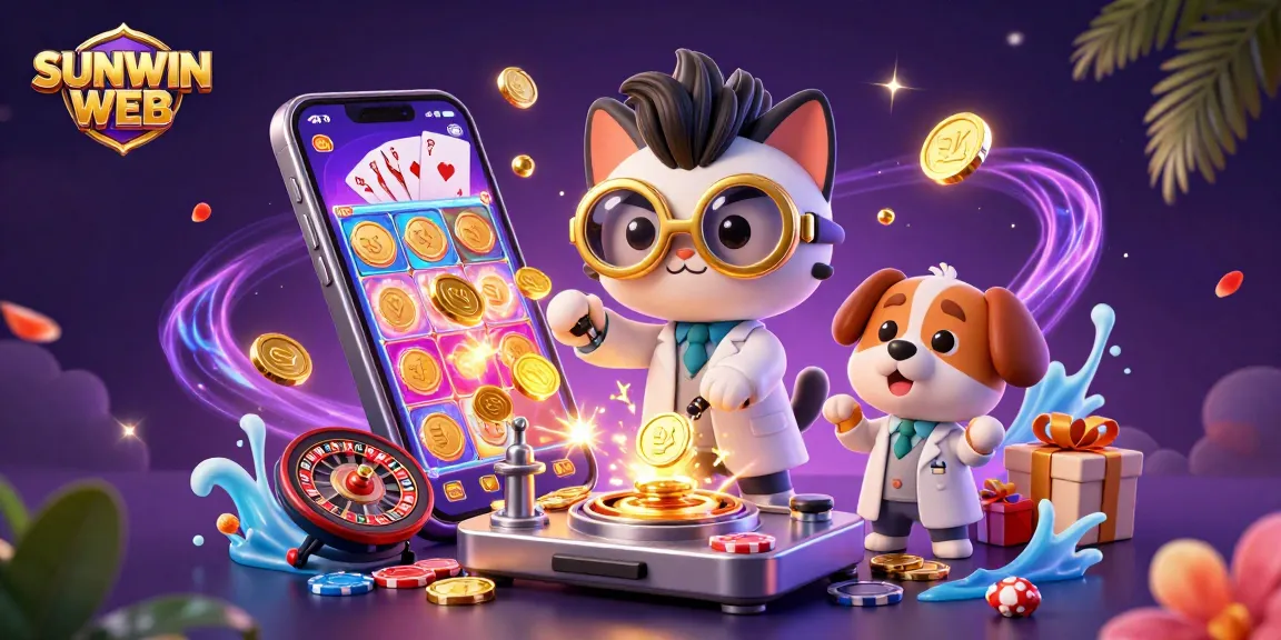 Experience exciting gameplay with SUNWIN WEB's vibrant illustrated scene featuring casino elements.