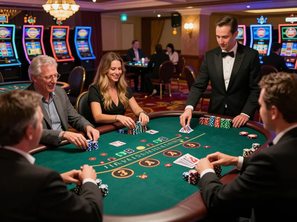 LC88 players enjoying a thrilling blackjack game at an upscale casino, showcasing high stakes and excitement.