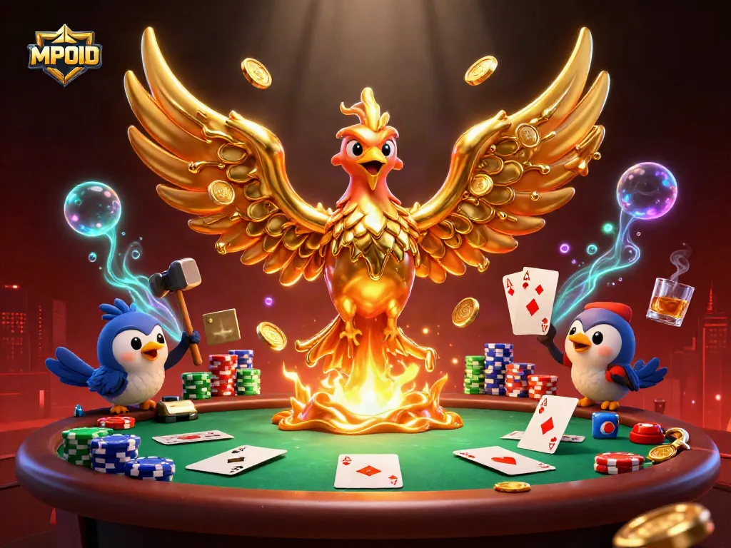 MPOID promotes engaging gameplay with a golden phoenix and poker elements in this dynamic casino illustration.